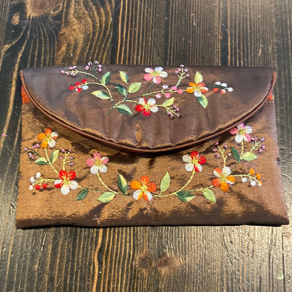 Brown satin embroidered pouch